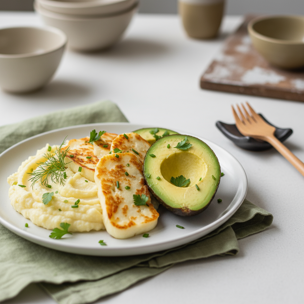 Ketose stoppen: Nahaufnahme eines minimalistischen Keto‑Tellers mit Blumenkohl‑püree, gegrilltem Halloumi und Avocado vor hellem #dbdbcf Hintergrund.