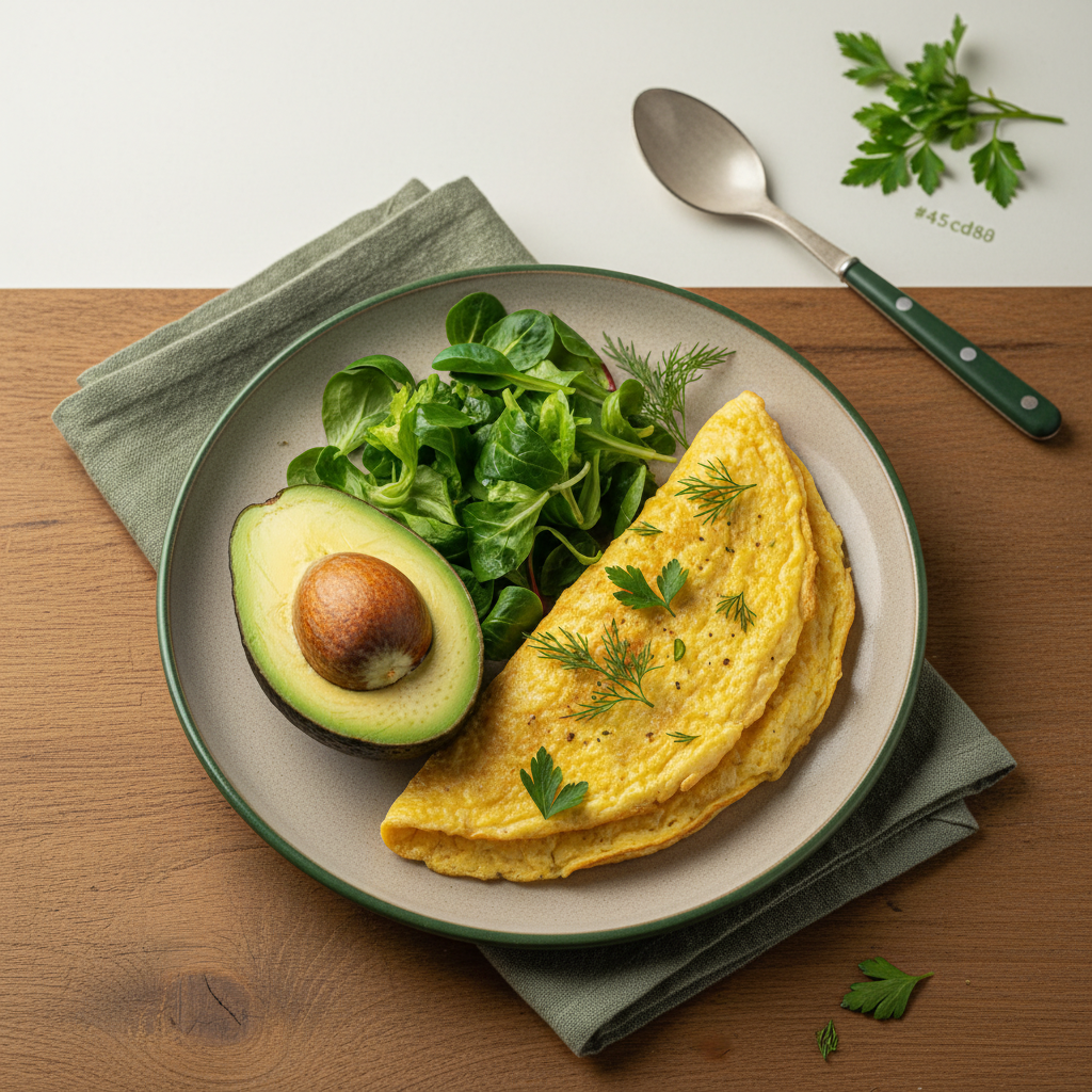 Keto ernährungsplan beispiel: Nahaufnahme eines minimalistischen Frühstücks mit Omelette, Avocadohälfte und frischen Blattsalaten auf warmem Holztisch, dezenter Hintergrund #dbdbcf