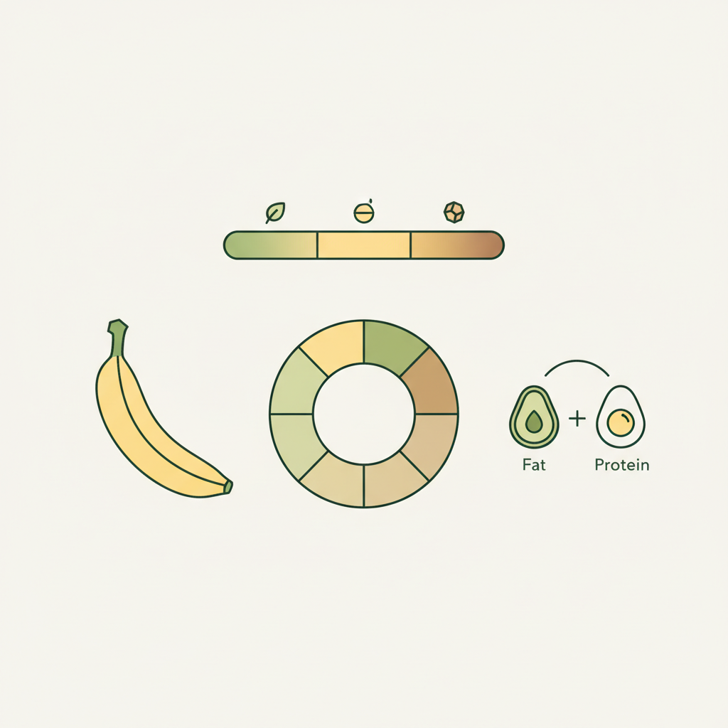 Minimalistische 2D-Vektor-Infografik für Banane Keto: Banane mit 20%-Segment-Darstellung, Reife-Farbskala grün→gelb→braun und kleine Icons für Fett und Protein, Markenfarben.