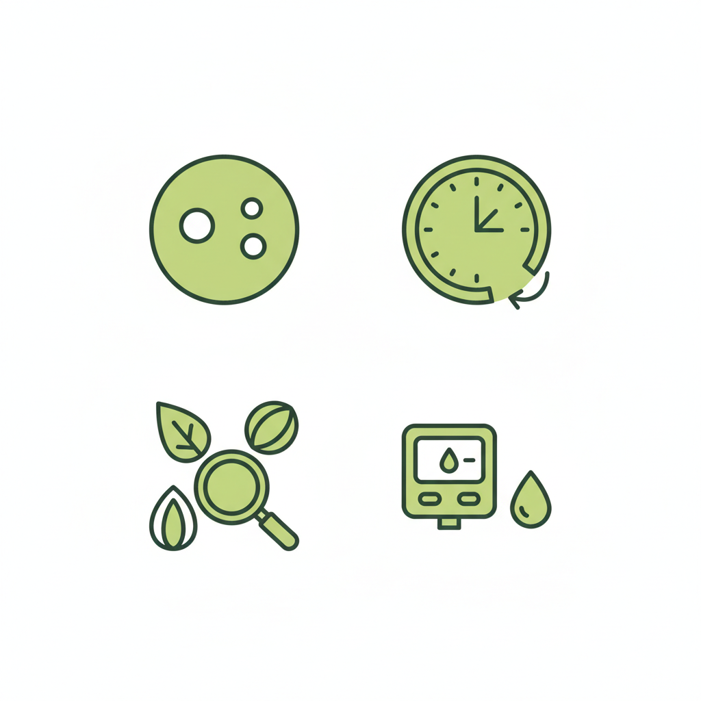 Minimalistische 2D-Vektor-Infografik mit Icons: Käserad, Reifeuhr, Lupe für Zutaten und Blutketon-Messgerät – Illustration zu Käse bei Keto.