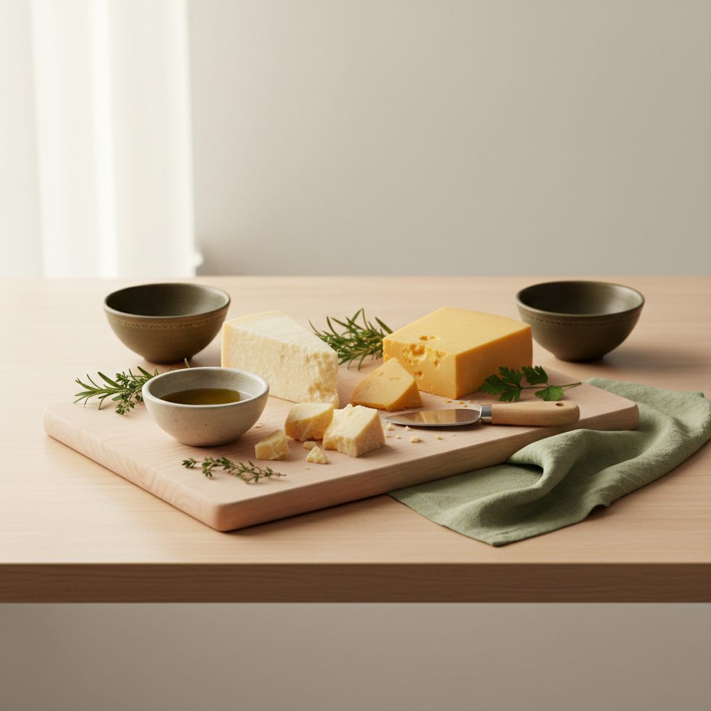 Rustikales Schneidebrett mit Parmesankeil, Cheddarscheibe, frischen Kräutern und Olivenöl vor hellem Hintergrund #dbdbcf – Käse bei Keto minimalistisch angerichtet.