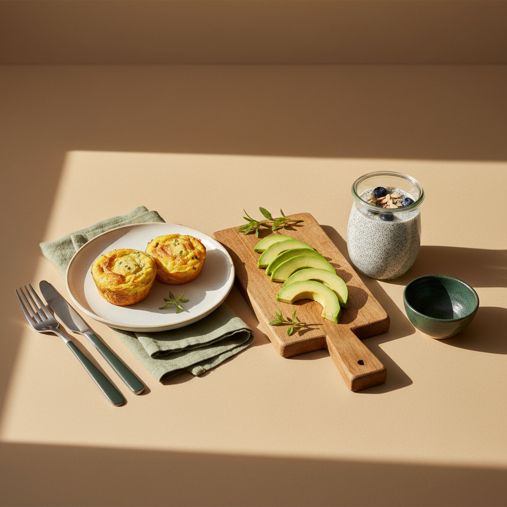 Heimeliges, minimalistisches Frühstück mit Eiermuffins, Chia‑Pudding und Avocado auf Holzbrett vor #dbdbcf Hintergrund – keto frühstück ideen