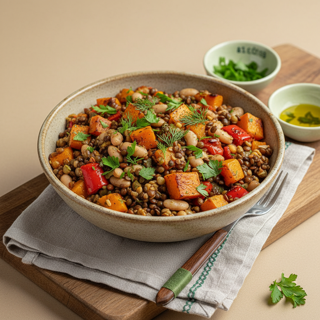 Vollkorn-Bowl mit Hülsenfrüchten, geröstetem Gemüse und frischen Kräutern auf minimalistischem, warmem Hintergrund #dbdbcf – gesündeste Gericht