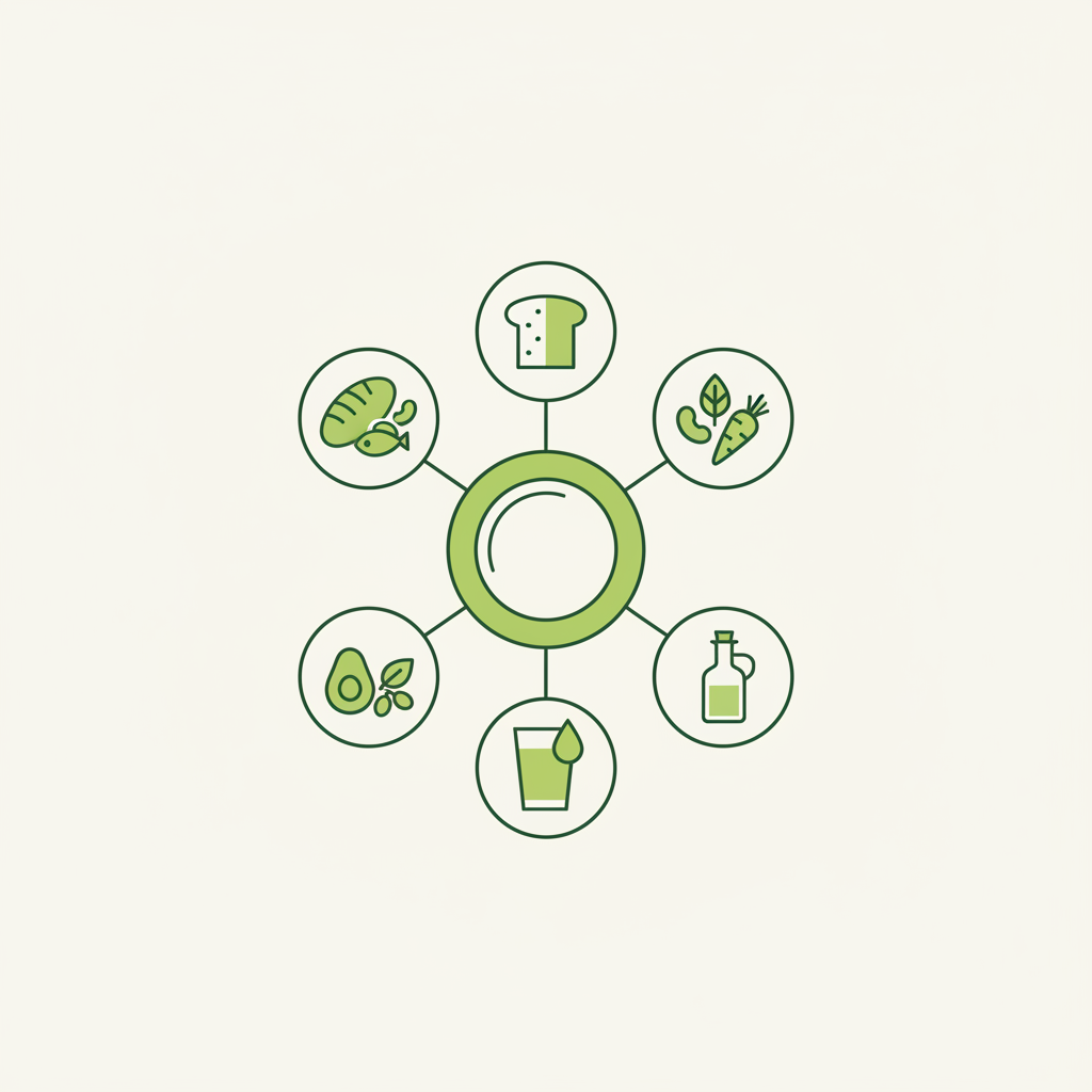 Infografik mit minimalistischen Vektor-Icons zu täglichen Portionsgruppen: Getreide, Eiweiß, Gemüse, Fette und Wasser — was kann man jeden Tag essen gesund