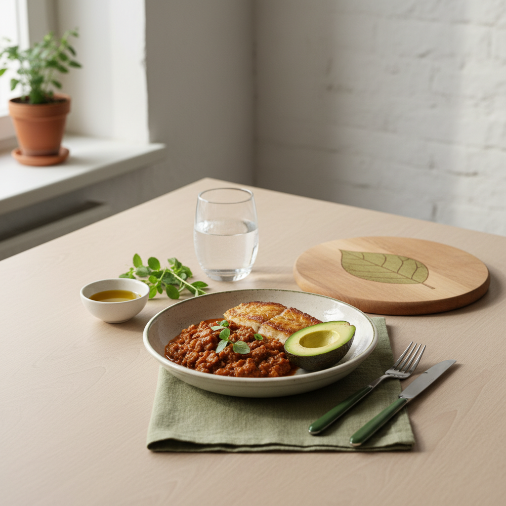 Was passiert, wenn man 3 Tage keine Kohlenhydrate isst? Heimeliges europäisches Tischarrangement mit kohlenhydratarmen Speisen (Eintopf, gegrillter Fisch, Avocado) auf #dbdbcf Hintergrund, warme Fensterlichtstimmung.