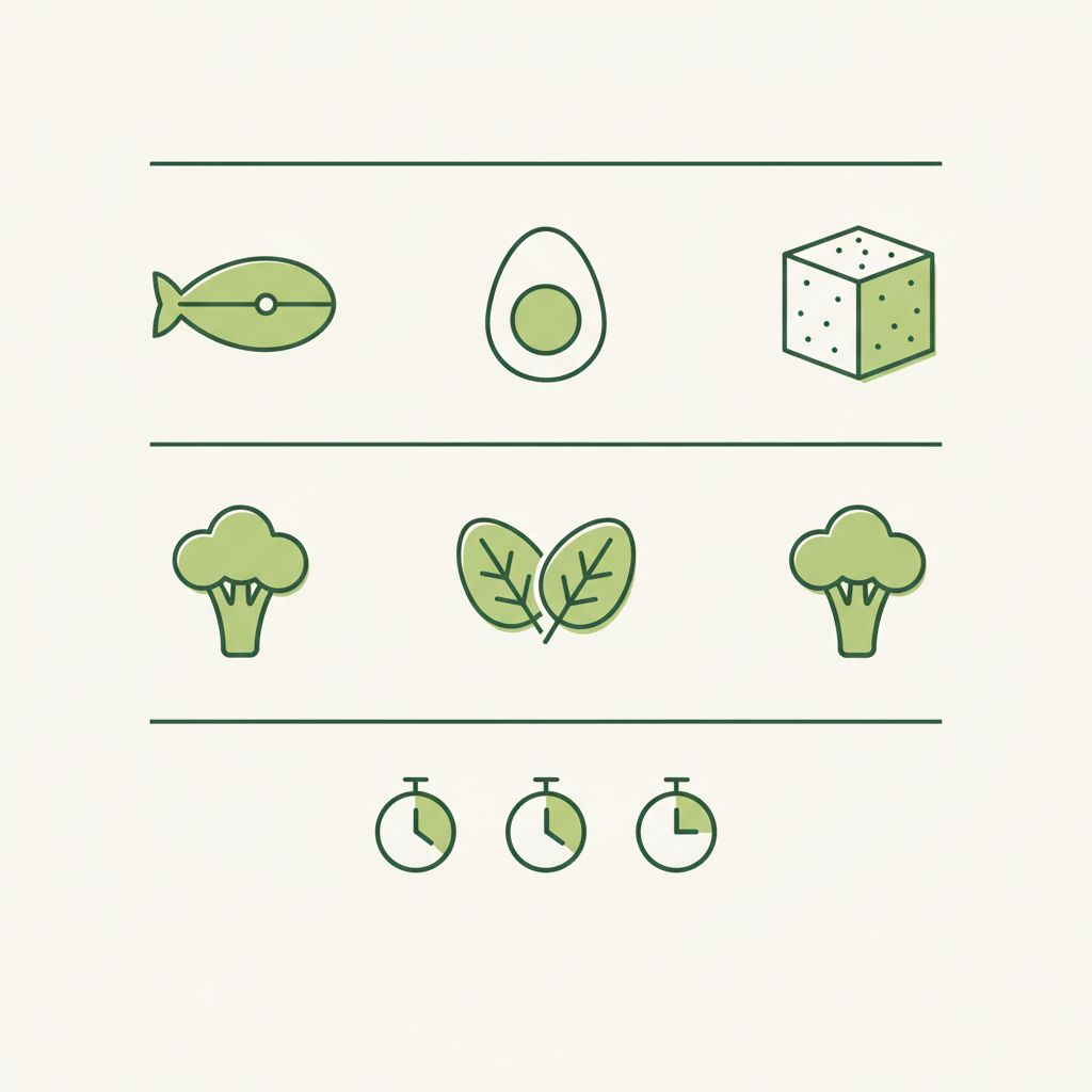 Minimalistische 2D-Vektor-Infografik mit Icons für Proteinquellen (Fisch, Ei, Tofu), kohlenhydratarme Gemüse (Brokkoli, Spinat) und Uhren für Zubereitungszeiten – abendessen ohne kohlenhydrate