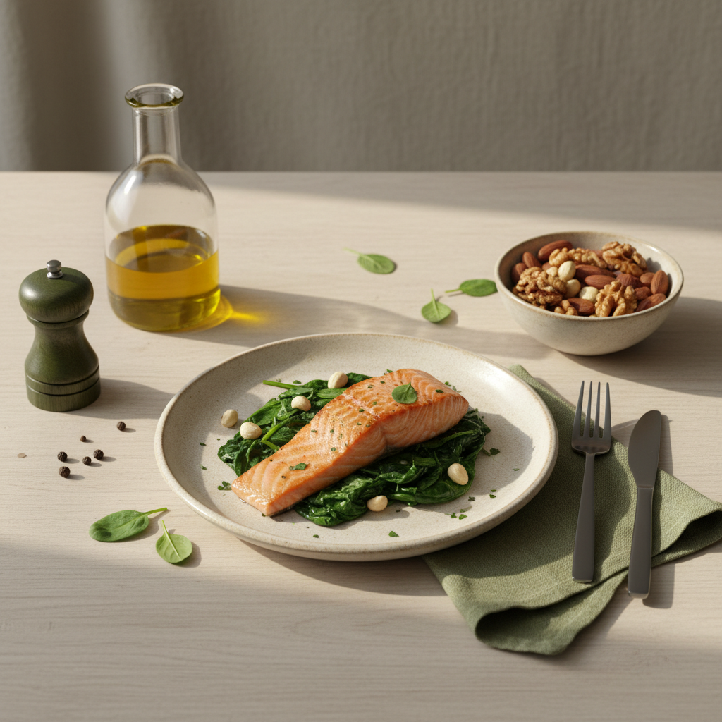 Nahaufnahme eines abendessen ohne kohlenhydrate: Lachsfilet auf gedünstetem Spinat, kleine Schale gemischter Nüsse und Olivenölflasche, warmes Fensterlicht, minimalistisches Setting.