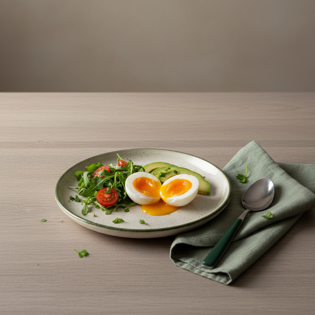 Eier Low-Carb Frühstück mit weich gekochtem Ei, Avocadoscheiben und kleinem Salat auf rustikaler Keramik, minimalistisch, warme Töne