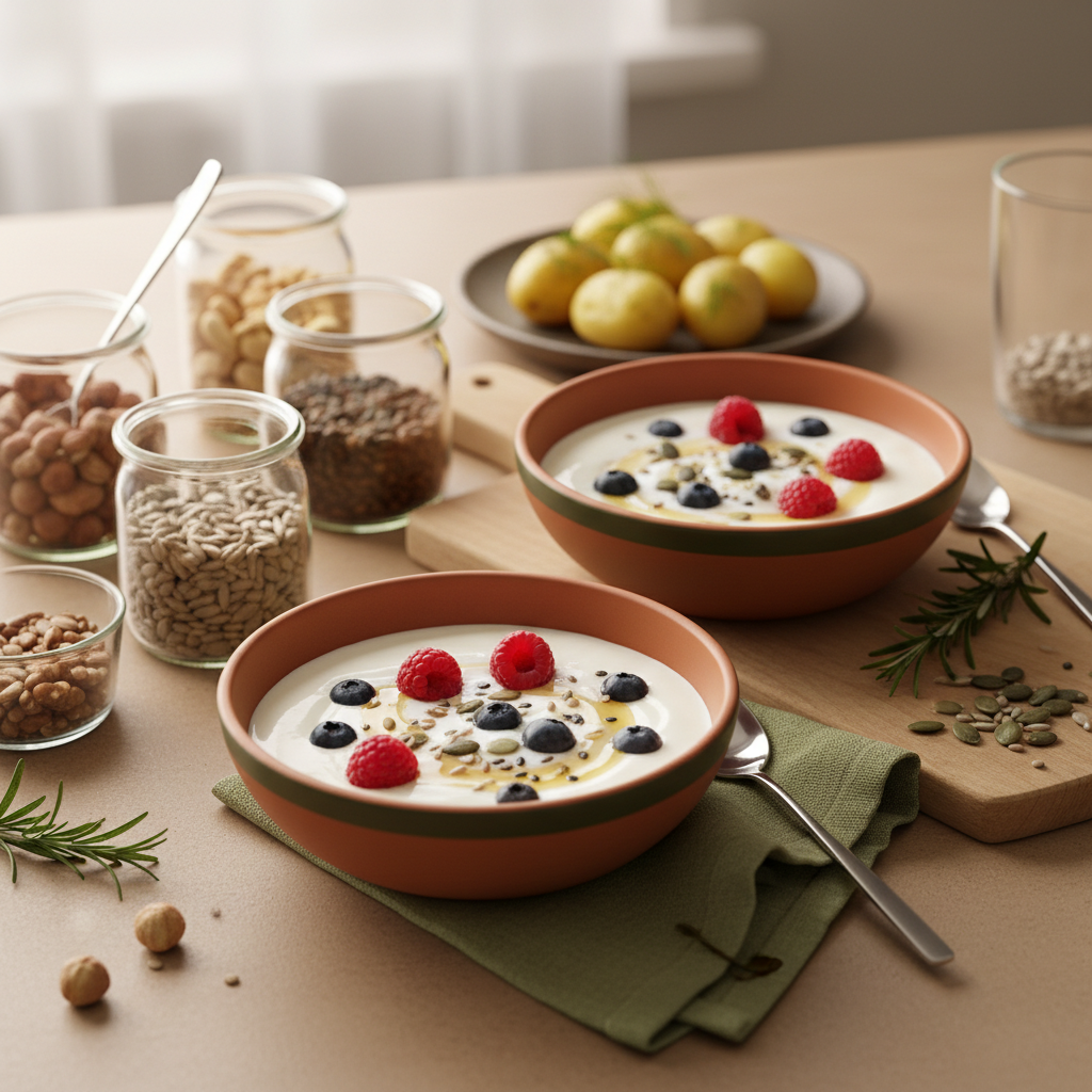 Minimalistisches, heimisches Frühstück ohne Brot: Joghurt-Schüsseln mit Früchten und Samen, kleiner Teller mit Kartoffeln und Gläser mit Nüssen vor hellem Hintergrund.