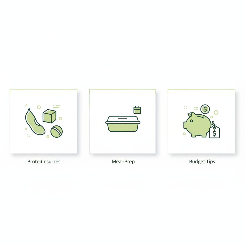 Minimalistische Infografik mit drei Vektor-Icons zu Proteinquellen, Meal-Prep und Budget-Tipps. Was kann man als Vegetarier alles essen?