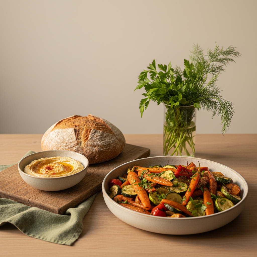 Was kann man als Vegetarier alles essen? Heimeliges Stillleben mit Ofengemüse, Vollkornbrot, Hummus und frischen Kräutern auf warmem #dbdbcf Hintergrund, minimalistisch