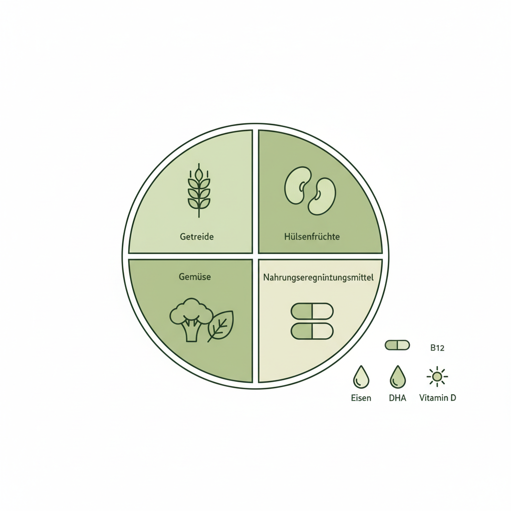 Vektor-Infografik: Teller mit vier Segmenten (Hülsenfrüchte, Getreide, Gemüse, Ergänzungen) und symbolischen Icons für B12, Eisen, DHA und Vitamin D — vegetarische Ernährung Auswirkungen