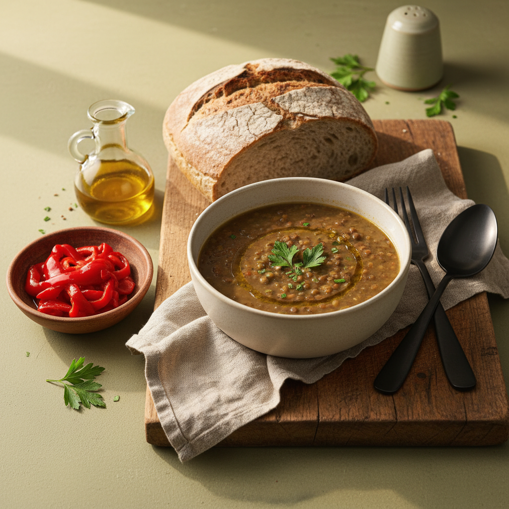 Vollbildaufnahme einer gemütlich arrangierten vegetarischen Mahlzeit im ungarisch-rumänischen Stil mit Linsensuppe, eingelegten Paprika und Vollkornbrot — vegetarische Ernährung Auswirkungen