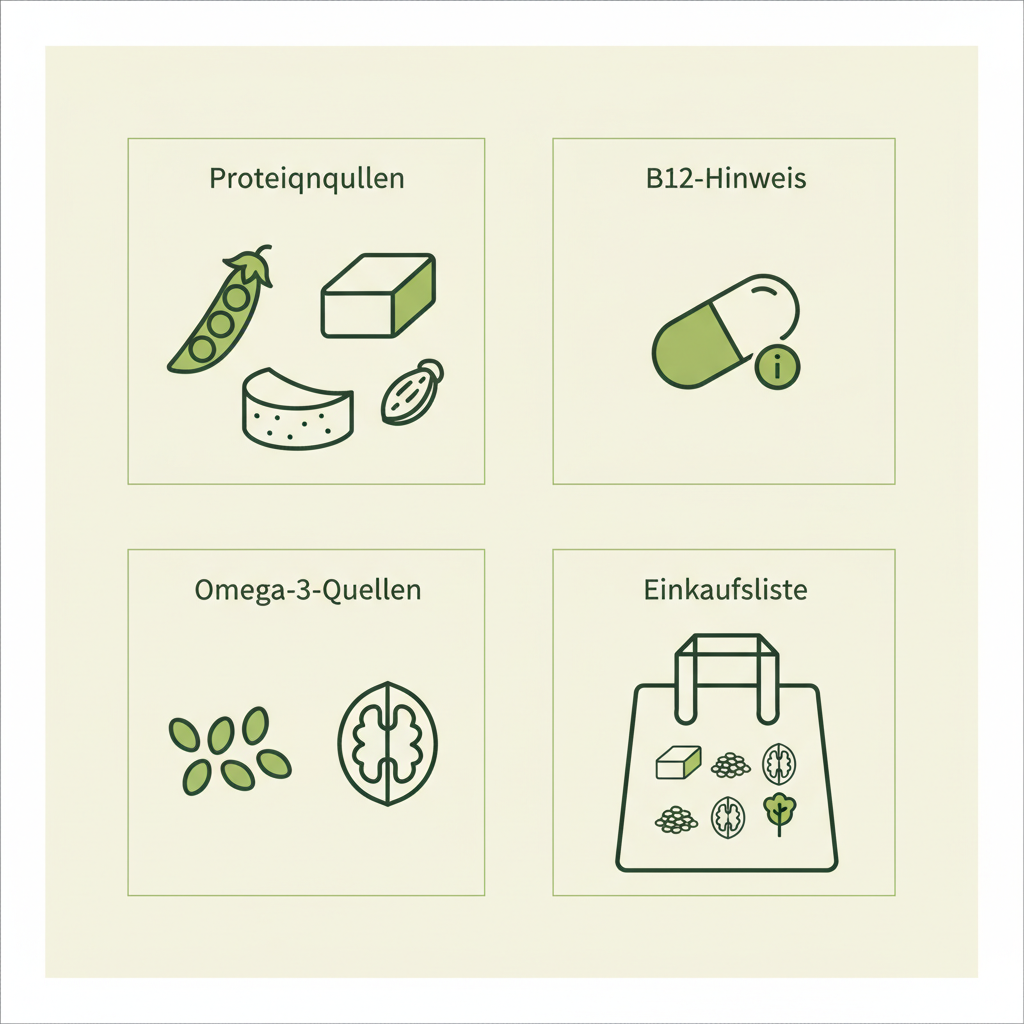 Minimalistische 2D-Vektor-Infografik mit Proteinquellen, B12-Hinweis, Omega‑3-Symbolen und Einkaufsliste – Was soll man einem Vegetarier zu essen geben?