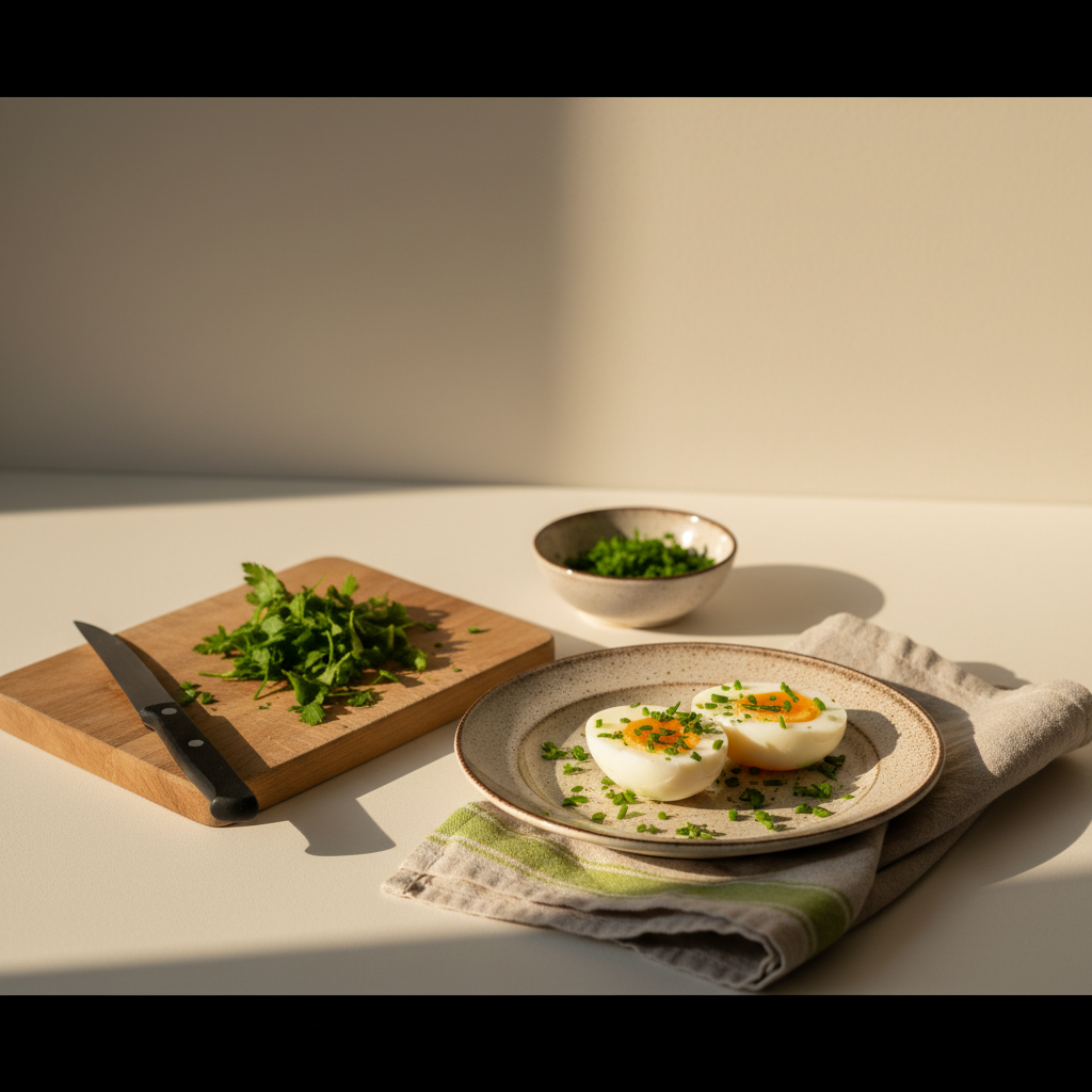 Warum ist ein Ei vegetarisch – Fullframe-Frühstück mit Eiern, frischen Kräutern und rustikalem Geschirr vor #dbdbcf Hintergrund im Schnell Lecker Farbstil