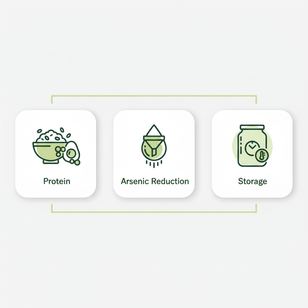 Ist Reis für Vegetarier geeignet – minimalistische 2D-Vektor-Infografik mit drei Icons zu Protein, Arsen-Reduktion und Lagerung in den Schnell Lecker Farben.