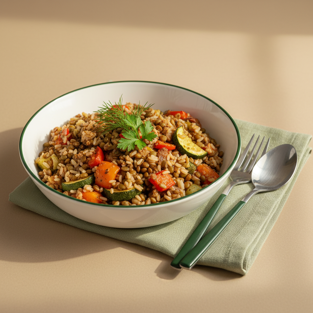 Ist Reis für Vegetarier geeignet: Nahaufnahme einer Schale Vollkornreis mit Linsen und geröstetem Gemüse auf neutralem Hintergrund (#dbdbcf) im minimalistischen Schnell Lecker Stil.