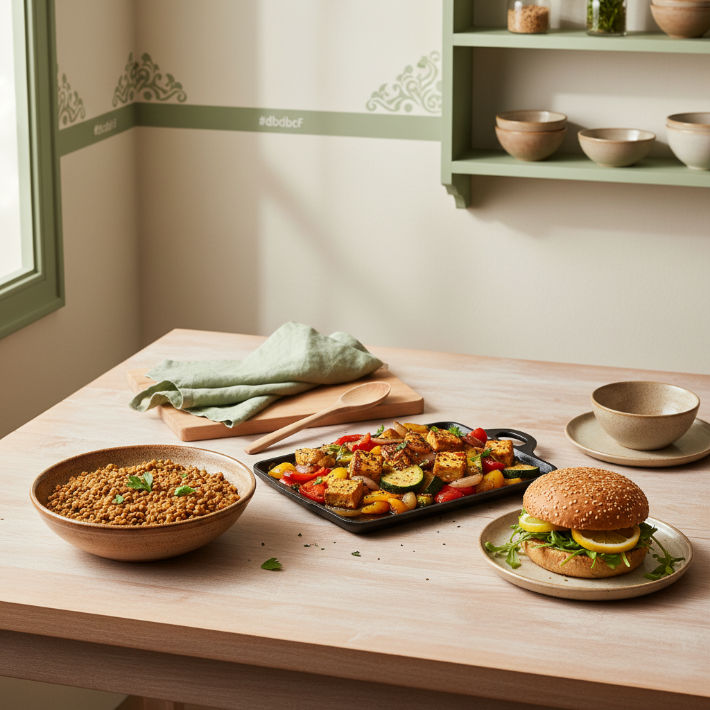 Heimelige vegetarische Mahlzeit: Linsenschale, Tofu-Gemüse und Kichererbsen-Burger auf Holztisch vor Hintergrund #dbdbcf — Was essen Vegetarier als Ersatz für Fleisch?