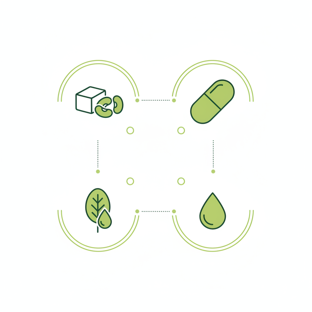 2D‑Vektor‑Infografik: Vegetarische Ernährungsplanung mit minimalistischen Icons für Protein, Vitamin B12, Eisen und Omega‑3 in Schnell Lecker Farben (#dbdbcf, #a5cd8d, #21431f).