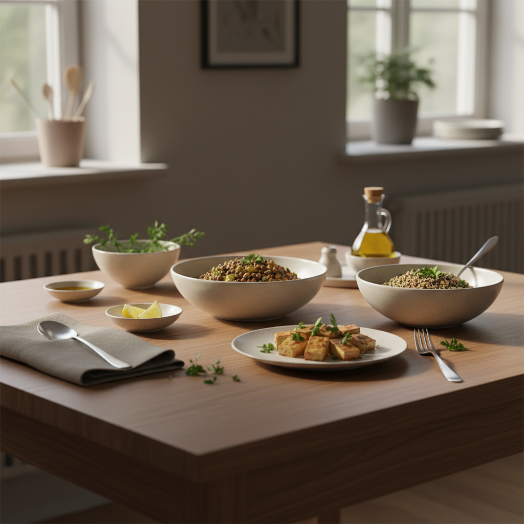 Vegetarische Ernährungsplanung: Minimalistische europäische Küchenszene, Linsensalat, mariniertes Tofu, Quinoa-Bowl auf Holztisch, warmes Fensterlicht, Hintergrund #dbdbcf.