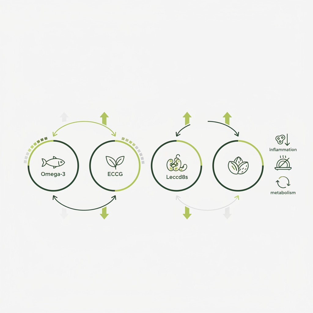 Vektor-Infografik mit vier Icons (Fisch, Teeblatt, Hülsenfrüchte, Nüsse) und Pfeilen zu Entzündung, Sättigung und Stoffwechsel — Welche 4 Lebensmittel lassen Bauchfett schmelzen?
