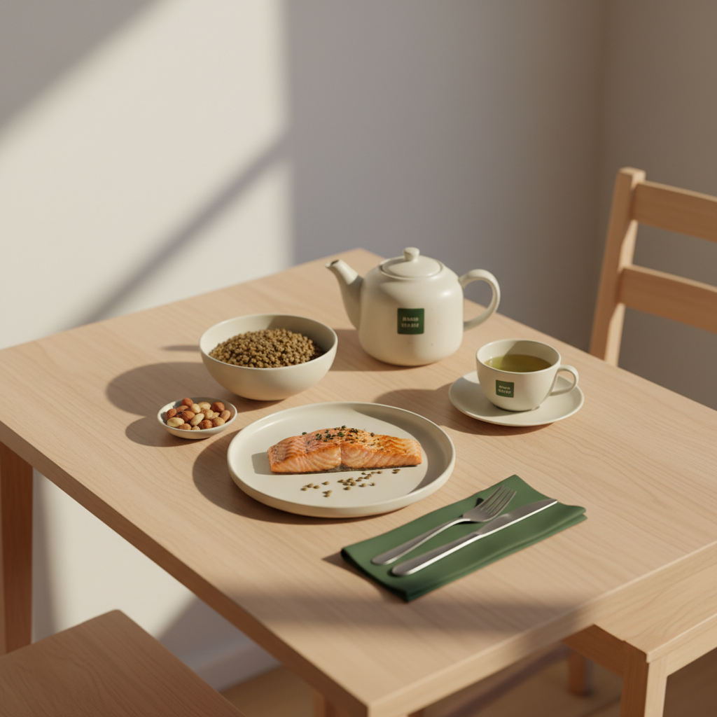 Welche 4 Lebensmittel lassen Bauchfett schmelzen? Heimische, minimalistische Küche mit gegrilltem Lachs, Schale Linsen, Schälchen Nüsse und Teekanne grüner Tee, warmes Tageslicht.