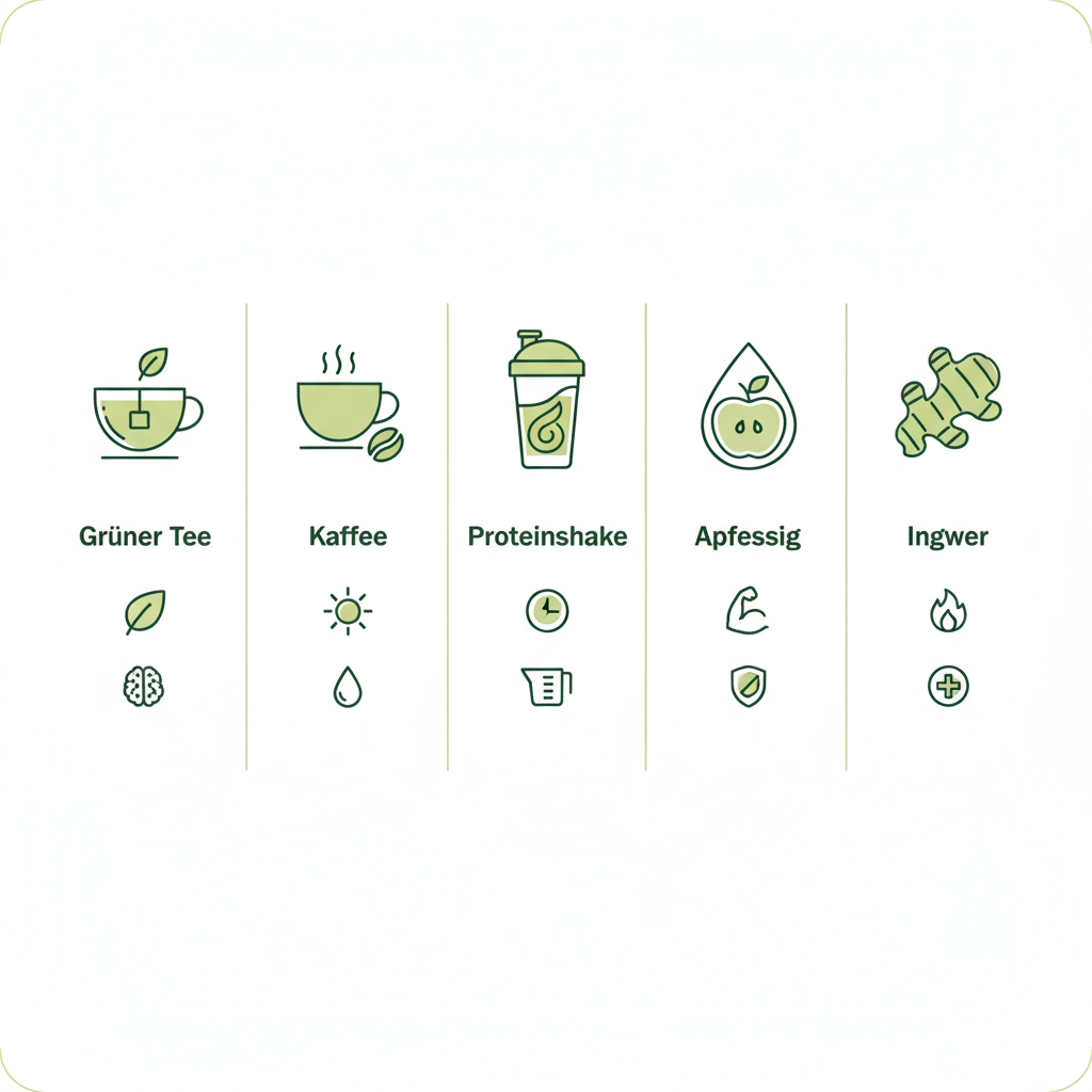 Minimalistische 2D-Vektor-Infografik mit fünf Icons für Getränke zur Fettverbrennung: Grüner Tee, Kaffee, Proteinshake, Apfelessig und Ingwer vor beigem Hintergrund.