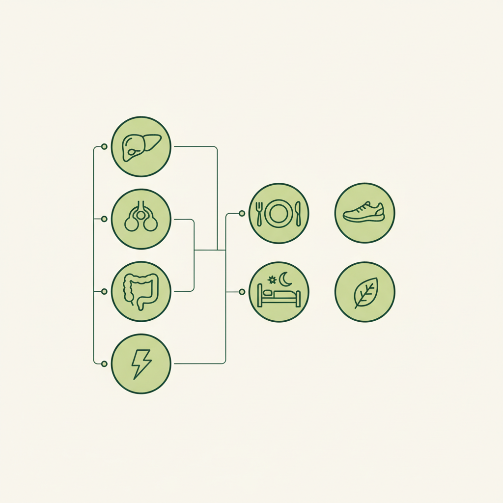 Minimalistische 2D‑Vektorinfografik zu Bauchfett Ursachen mit fünf Icons (Leber, Hormone, Darm, Schlaf, Stress) und vier Maßnahmen in Markenfarben.