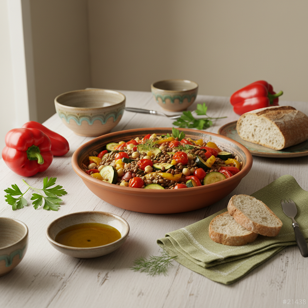 Heimelige, ausgewogene Mahlzeit mit viel Gemüse, Hülsenfrüchten und Olivenöl auf schlichtem Tisch vor Hintergrund #dbdbcf – Bauchfett Ursachen