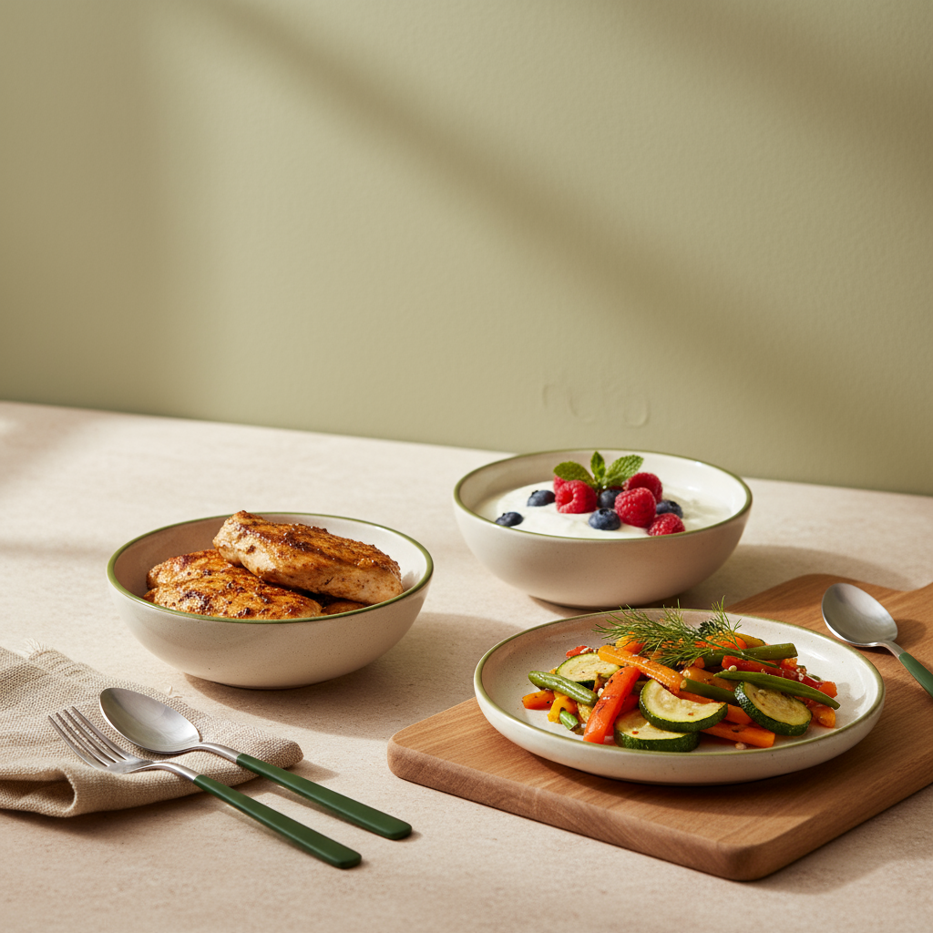 Minimalistisches Küchenstillleben mit gegrilltem Huhn, Joghurt mit Beeren und gedünstetem Gemüse vor hellbeigem Hintergrund – Bauch straffen in einer Woche