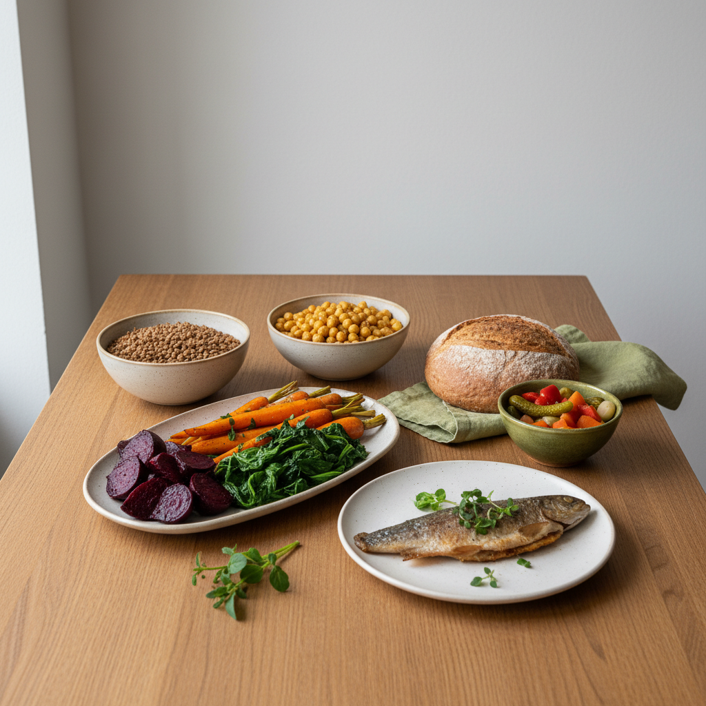 Heimische Mahlzeit mit Linsen, Gemüse, Fisch und Vollkorn auf schlichtem Holztisch – Was soll man am besten essen, wenn man abnehmen will?
