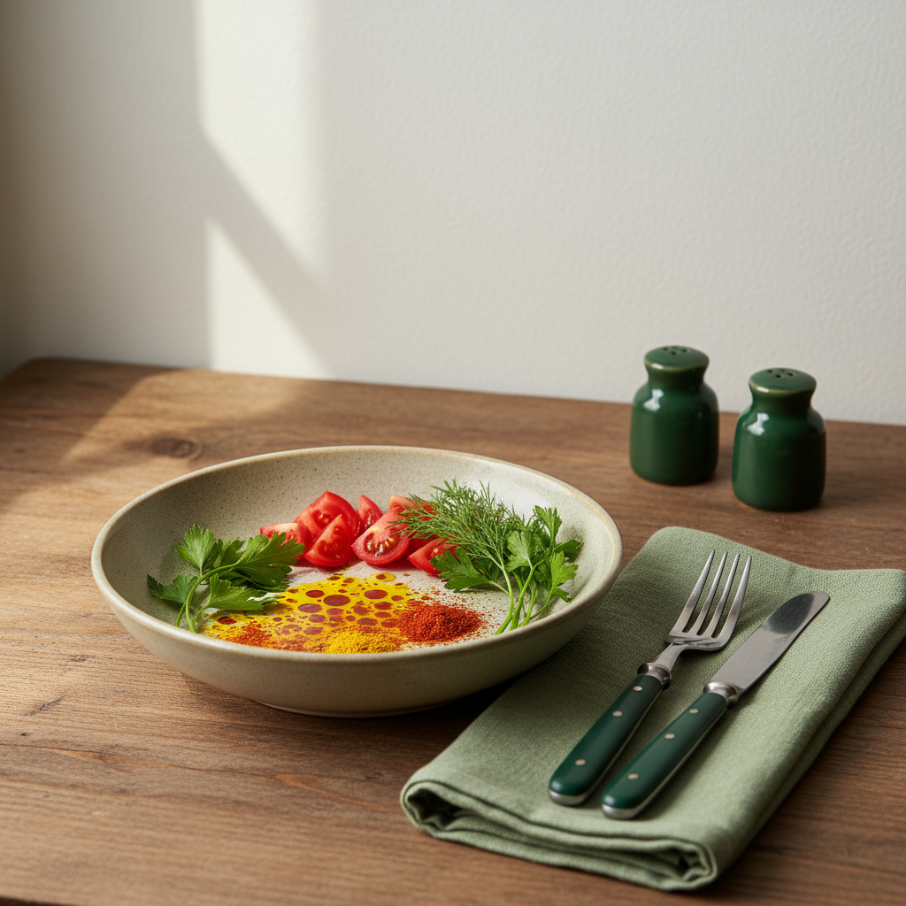 Vollformatfoto eines minimalistischen, heimeligen europäischen Tischsets mit frischen Kräutern, Tomaten und Gewürzen – Lebensmittel zum Abnehmen im Fokus