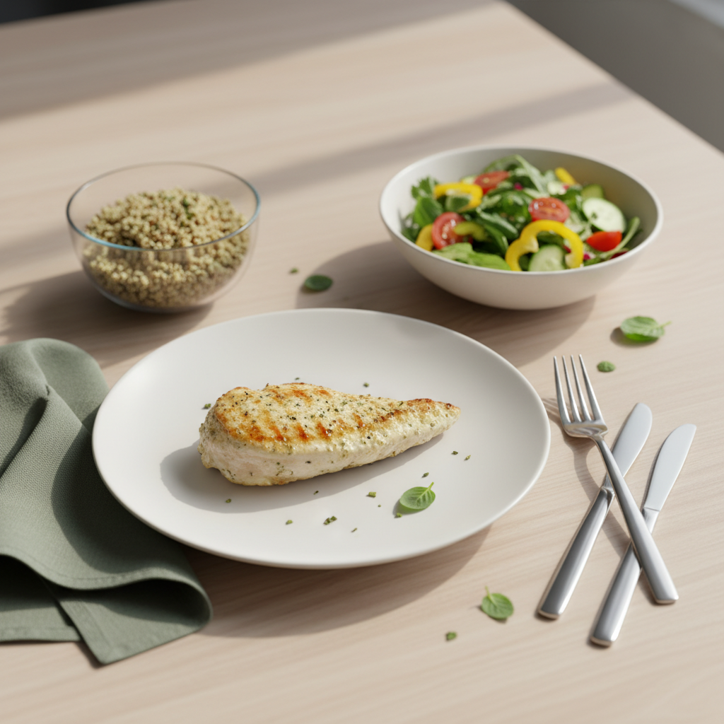 Was ist eine gute Mahlzeit zum Abnehmen? Schlichtes, heimeliges Tellergericht mit gegrilltem Hähnchen oder Tofu, gemischtem Salat und Quinoa vor warmem Küchenhintergrund in Markenfarben.