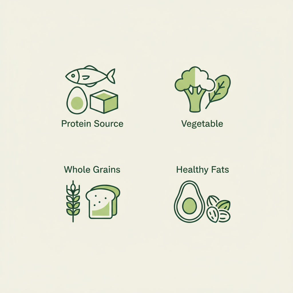 Minimalistische 2D-Vektorinfografik mit vier Icons (Proteinquelle, Gemüse, Vollkorn, gesunde Fette) in Markenfarben. Was ist eine gute Mahlzeit zum Abnehmen?