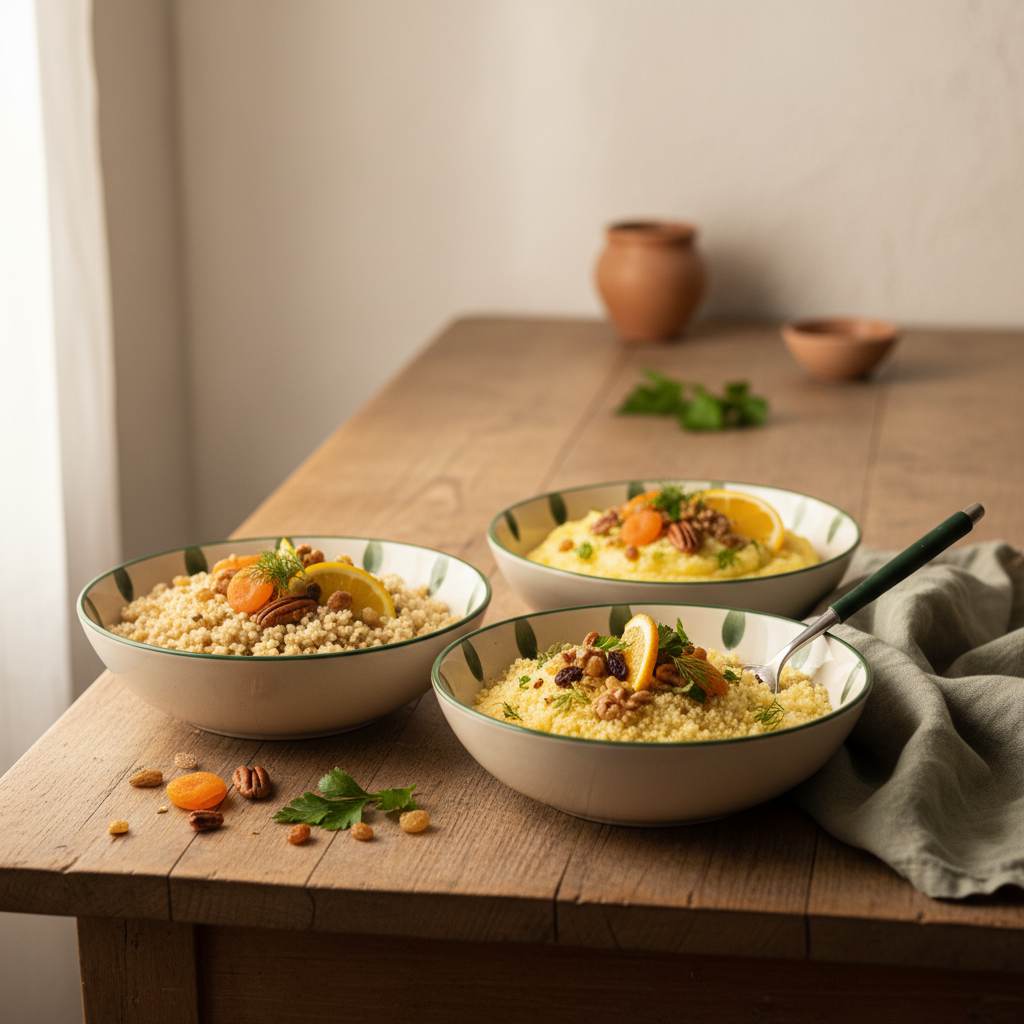 Vollformat küchenaufnahme mit Schüsseln, Kräutern, Zitrus und Trockenfrüchten auf #dbdbcf-Hintergrund; regelmäßiger Verzehr von Trockenfrüchten als gesunder, hausgemachter Snack