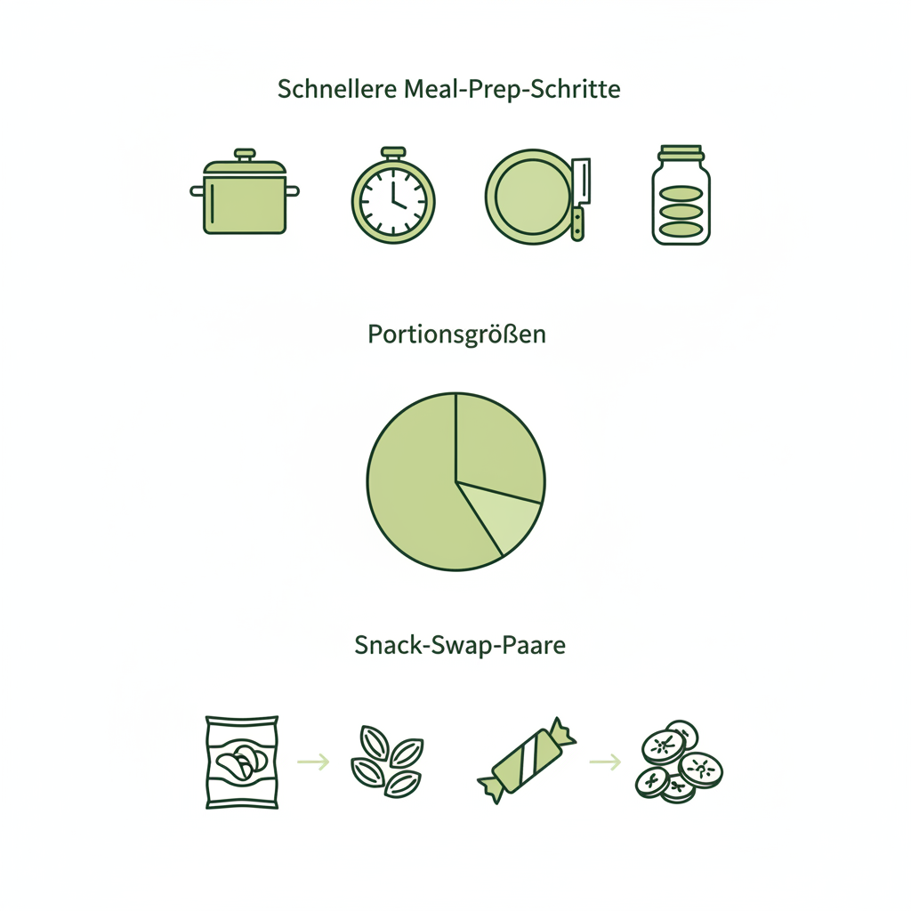 Minimalistische Vektor-Infografik zu Meal-Prep, Portionsgrößen und Snack-Swaps im Schnell Lecker Stil; regelmäßiger Verzehr von Trockenfrüchten als Snack-Alternative.