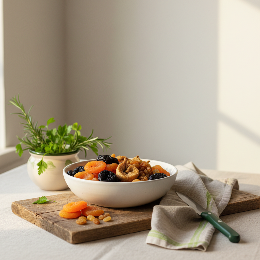 Minimalistisches, heimisches Tischarrangement mit Schale Trockenfrüchte auf Holzbrett, Leinenserviette und dezentem Hintergrund in #dbdbcf