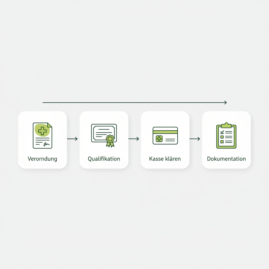 Minimalistische 2D-Vektor-Infografik mit vier Icons zu Schritten für Kostenübernahme: Verordnung, Qualifikation, Kasse klären, Dokumentation – Ernährungsberatung Krankenkasse