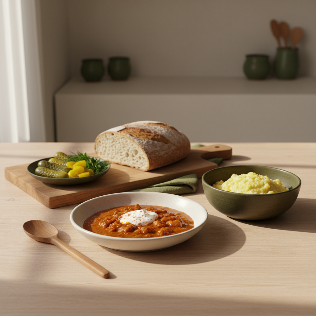 Heimelige Full-Frame-Küchenaufnahme mit ungarisch-rumänischem Teller (Paprikasch, Polenta, Brot) auf Hintergrund #dbdbcf, Akzente #a5cd8d und #21431f — Ernährungsberatung Krankenkasse