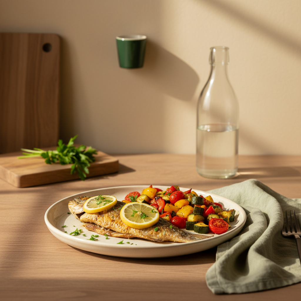 Teller mit gegrilltem Fisch und Ofengemüse in minimalistischer Küche für eine Stoffwechseldiät, warmes Fensterlicht, Hintergrund #dbdbcf, Akzent #a5cd8d