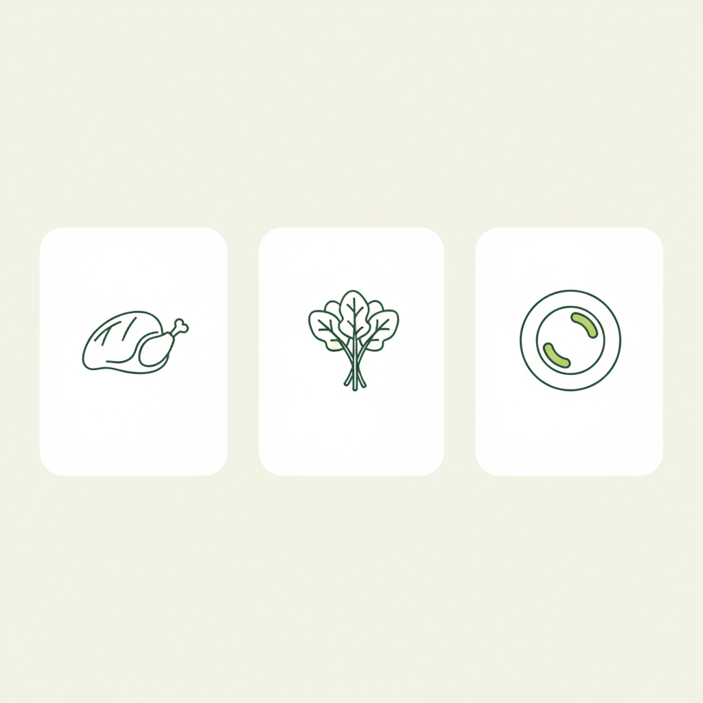 Minimalistische 2D-Infografik mit drei Vektor-Icons für Protein, Gemüse und Portionen in Markenfarben. Was kann man nach 18 Uhr Essen, ohne zuzunehmen?