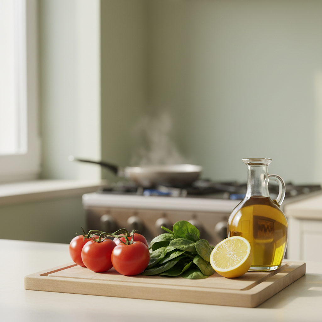 Was kann man nach 18 Uhr Essen, ohne zuzunehmen? Nahaufnahme einer gemütlichen Küche mit Schneidebrett, Tomaten, Spinat, halbierter Zitrone, Glas Olivenöl und dampfender Pfanne in warmer Tageslichtstimmung.
