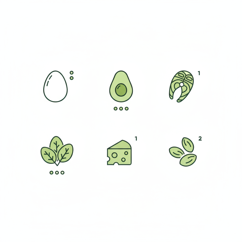 Was darf ich bei Keto alles essen? Minimalistische 2D-Infografik mit Vektor-Icons (Avocado, Ei, Lachs, Käse, Nüsse, Blattgemüse) und ikonischen Portionspiktogrammen.