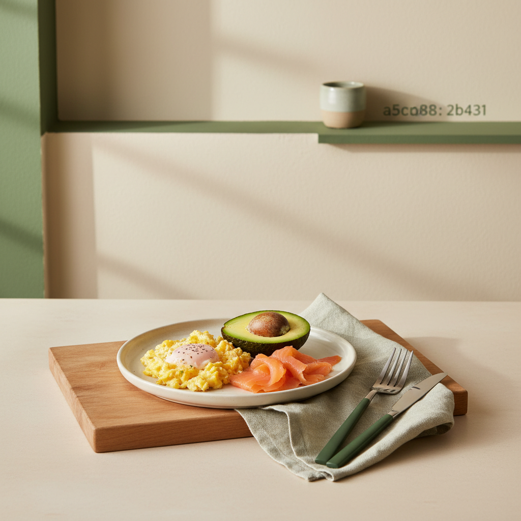 Keto Frühstück mit Rührei, Avocado und Räucherlachs auf minimalistischem Teller vor beigem Hintergrund (#dbdbcf), warme Lichtstimmung, dezente Akzente in #a5cd8d und #21431f.