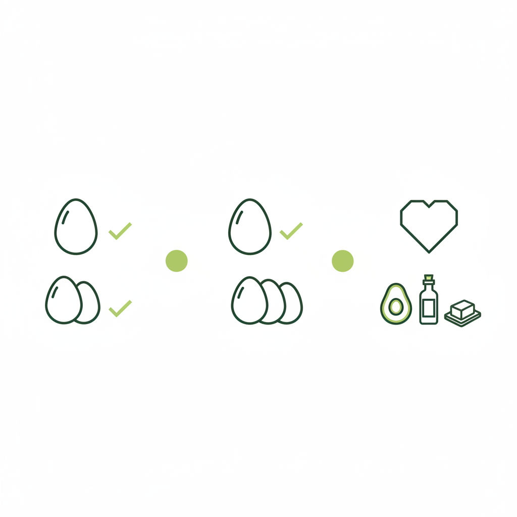 Eier pro Tag Keto: Minimalistische 2D-Vektor-Infografik mit 1–3 Eier-Icons, Häkchen, Herzsymbol und Icons für gesunde Fette (Avocado, Olivenöl) in Schnell-Lecker-Farben.