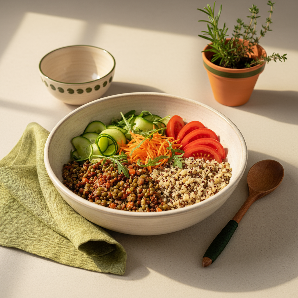 80/20-Regel für Veganer: Vollwertige Bowl mit Linsen, frischem Gemüse und minimalistischem, warmem Küchen-Setup auf #dbdbcf-Hintergrund, dezente Akzente in #a5cd8d und #21431f.