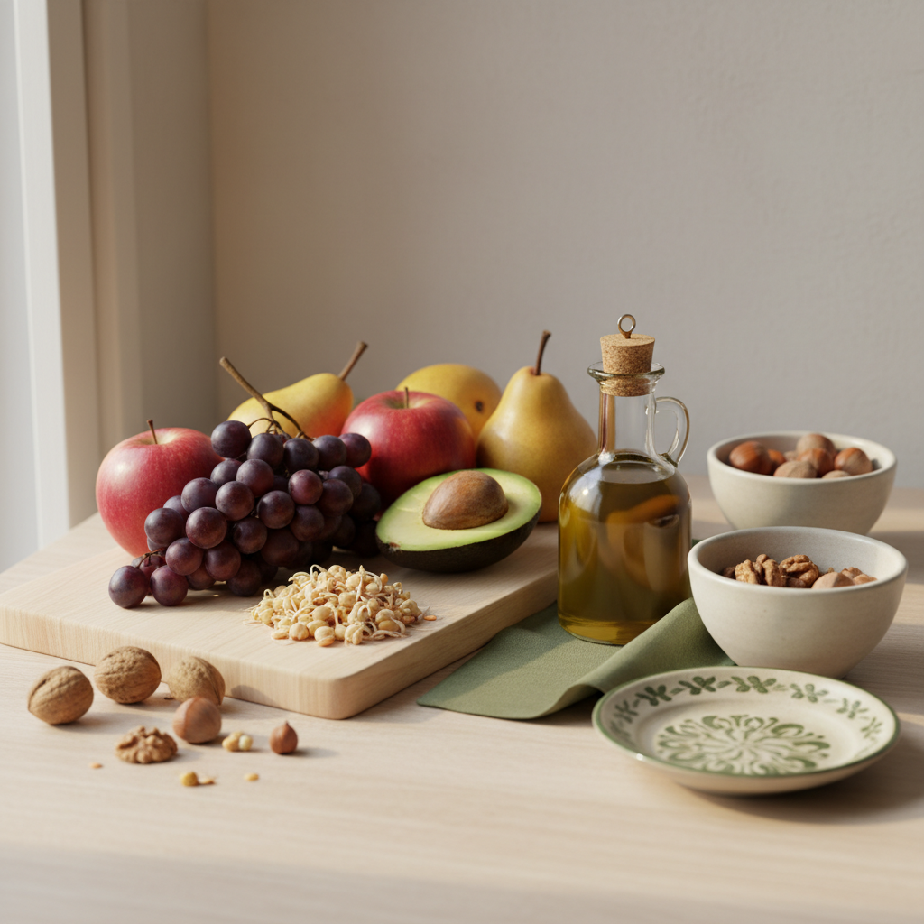 strenger als ein veganer: heimelige Tischszene mit saisonalem Obst, Nüssen, Avocado, gekeimten Körnern und kleinem Olivenölfläschchen bei warmem Licht