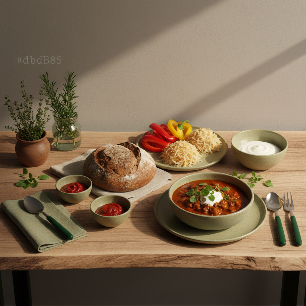 Vollformatfoto eines minimalistischen, heimeligen Tisches mit ungarischen und rumänischen Gerichten, warmes Licht, Hintergrund #dbdbcf, dezente Akzente #a5cd8d und #21431f, Thema Rauchverlangen