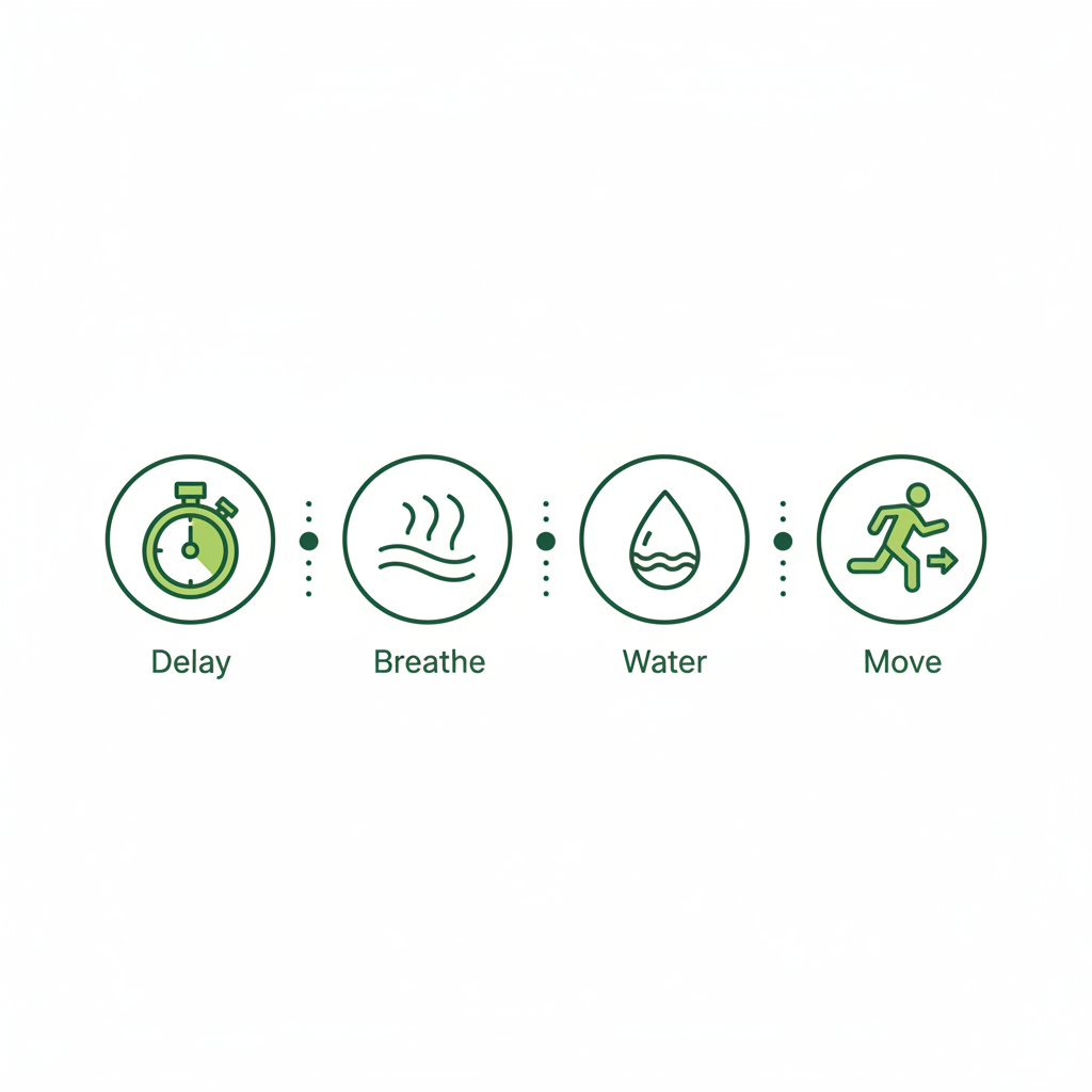 Minimalistische 2D-Vektorinfografik mit vier Icons (Verzögern, Atmen, Wasser, Bewegung) in Schnell Lecker Farben auf hellem Hintergrund, visuelle Schritte gegen Rauchverlangen.