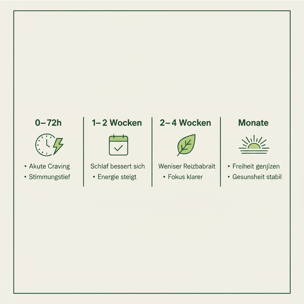 Vektor-Infografik mit Timeline und vier Phasen des Nikotinentzugs (0–72h, 1–2 Wochen, 2–4 Wochen, Monate), minimalistische Icons, Markenfarben – wann ist der schlimmste nikotinentzug vorbei